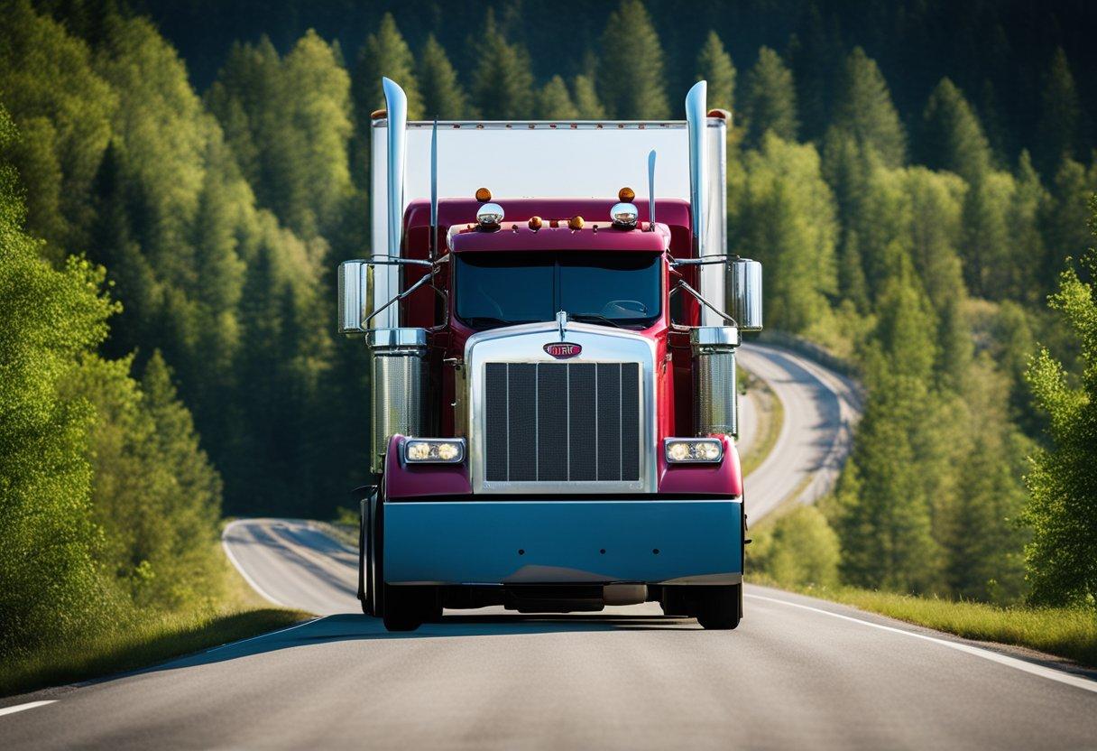 Classic red Peterbilt truck on a forest highway