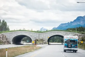 Motorhome traveling on a highway during nationwide RV transport