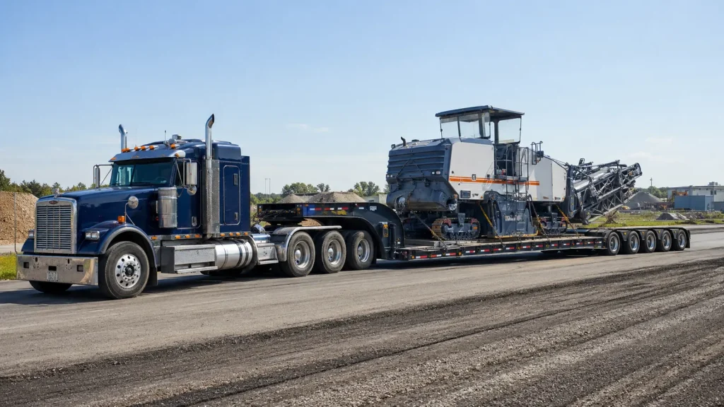 Cold planer transport on a multi-axle RGN lowboy trailer
