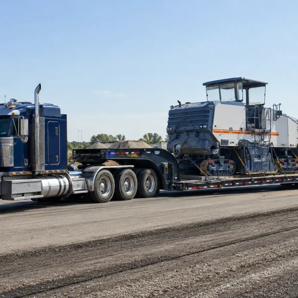 Cold planer transport on a multi-axle RGN lowboy trailer