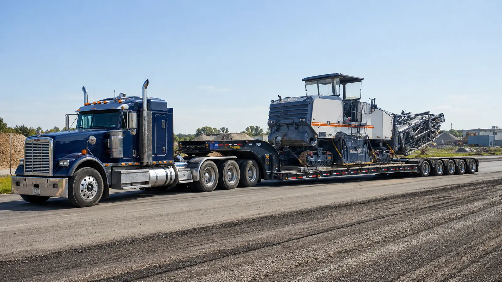 Cold planer transport on a multi-axle RGN lowboy trailer