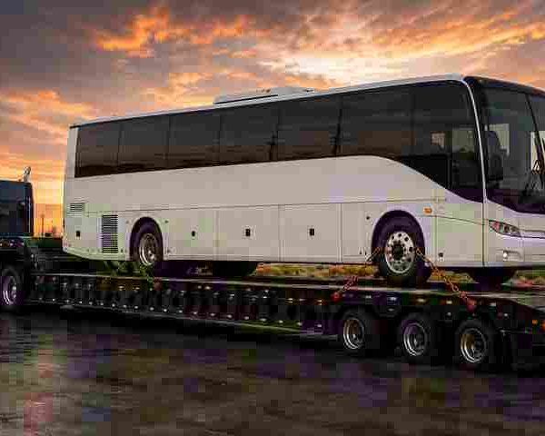 Full-size motorcoach secured on a low-profile heavy-haul trailer