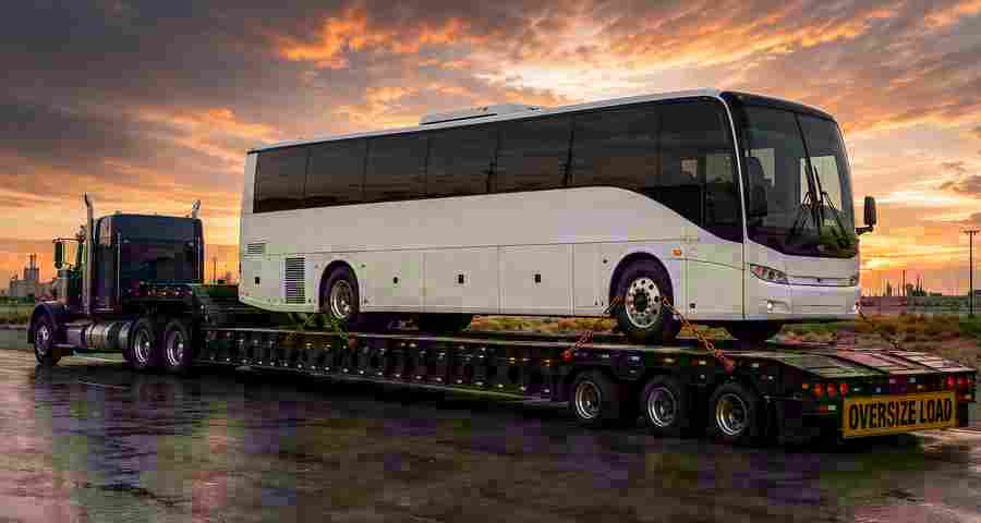 Commercial bus transport cost planning for a bus secured on a lowboy trailer