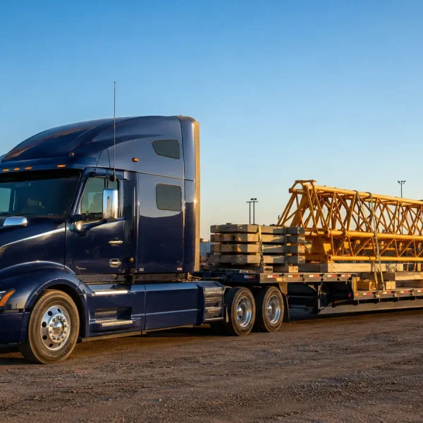 Crane component transport with lattice boom sections and counterweights on a step-deck trailer