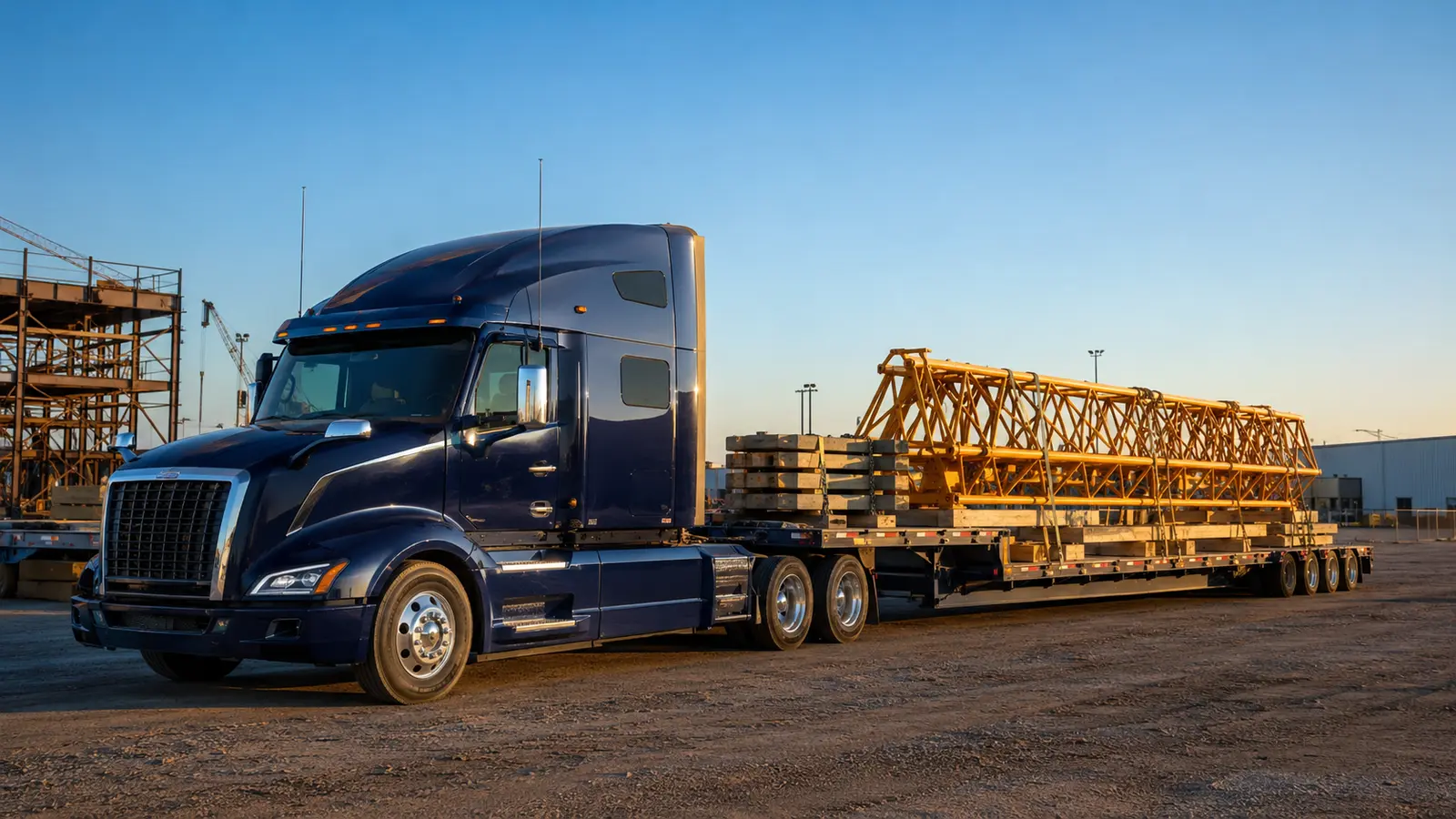 Crane component transport with lattice boom sections and counterweights on a step-deck trailer