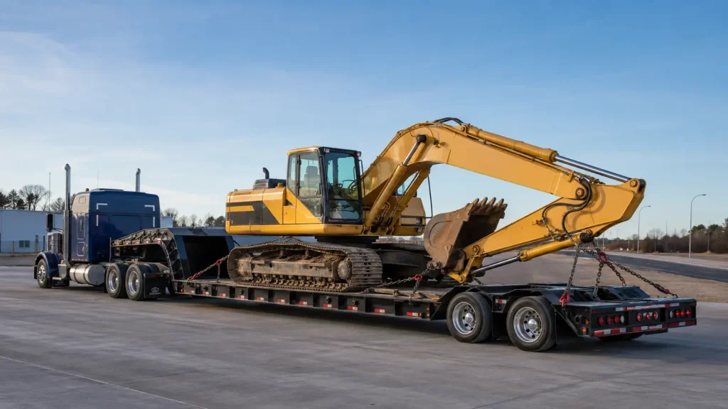 Excavator transport service using an RGN lowboy trailer