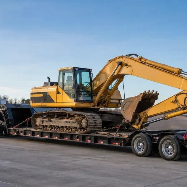 Excavator transport service using an RGN lowboy trailer