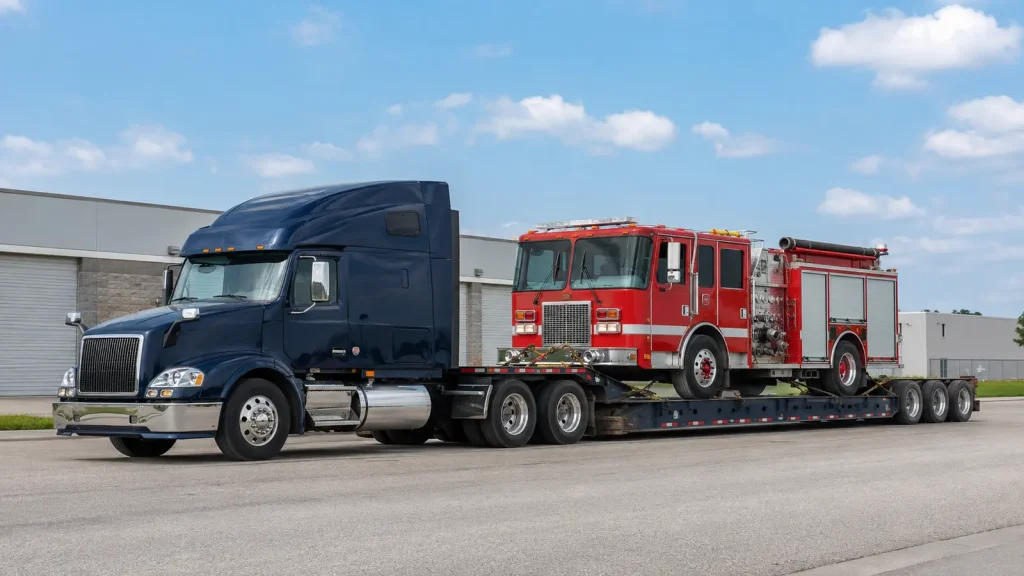 Fire truck transport on a low-profile lowboy trailer