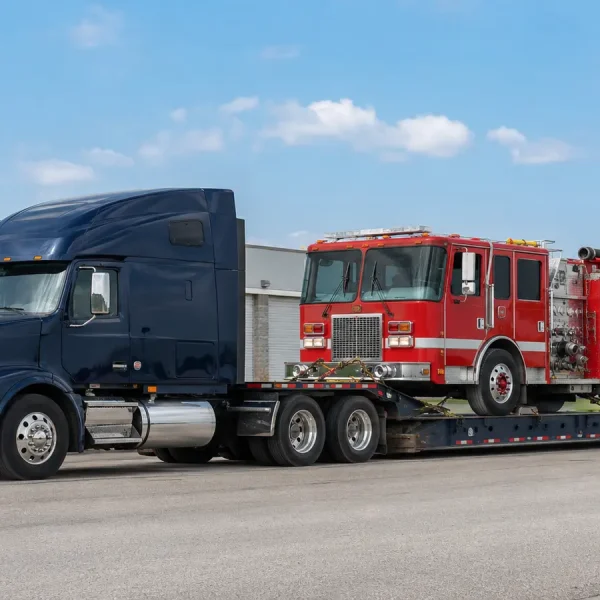 Fire truck transport on a low-profile lowboy trailer