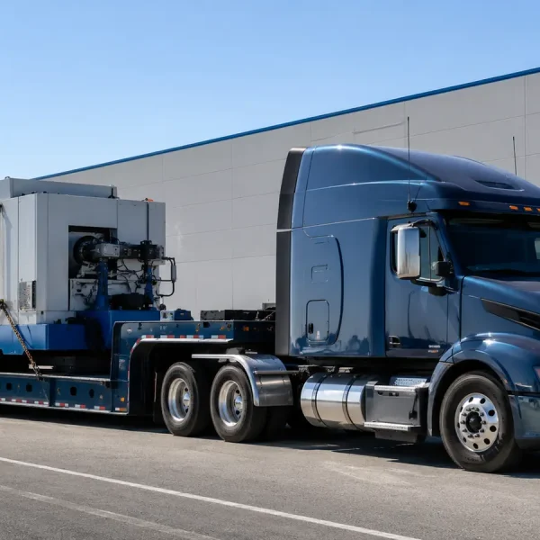 Industrial equipment shipping with plant machinery on a step-deck trailer