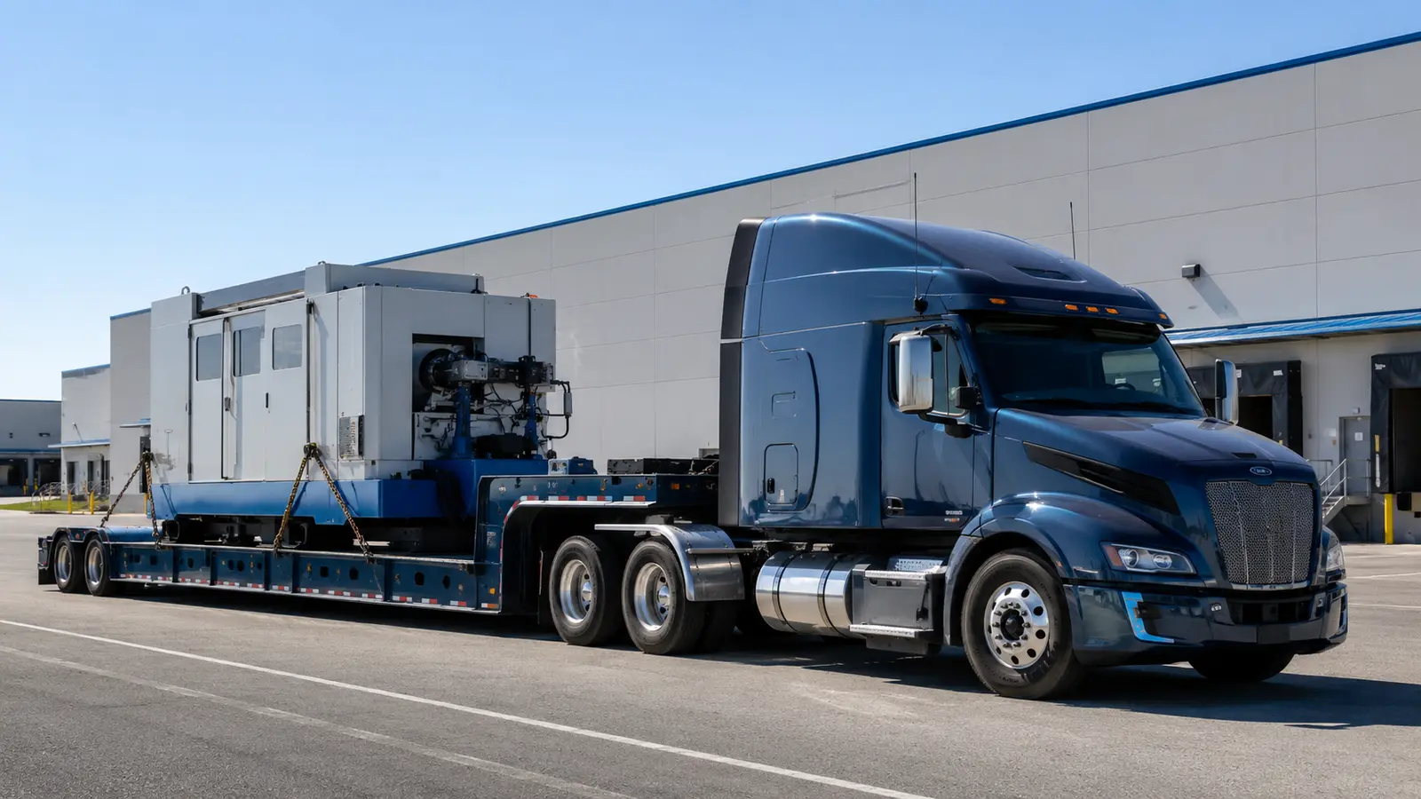 Industrial equipment shipping with plant machinery on a step-deck trailer