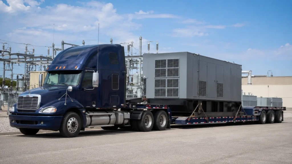 Industrial generator transport on a multi-axle lowboy trailer