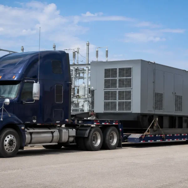 Industrial generator transport on a multi-axle lowboy trailer