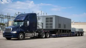 Industrial generator transport on a multi-axle lowboy trailer