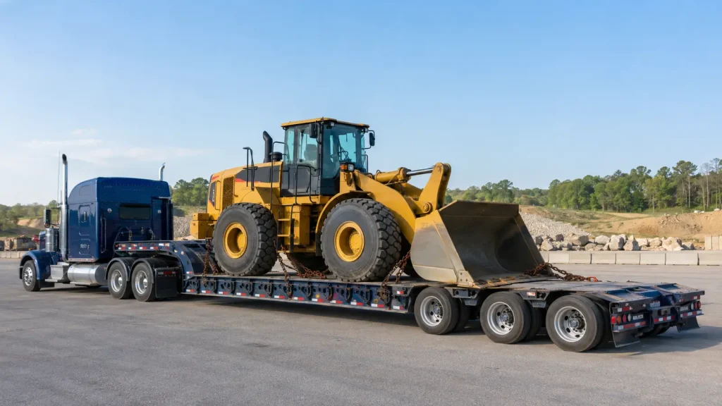 Wheel loader transport on a multi-axle RGN lowboy trailer