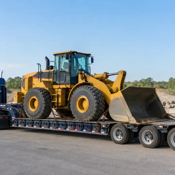 Wheel loader transport on a multi-axle RGN lowboy trailer