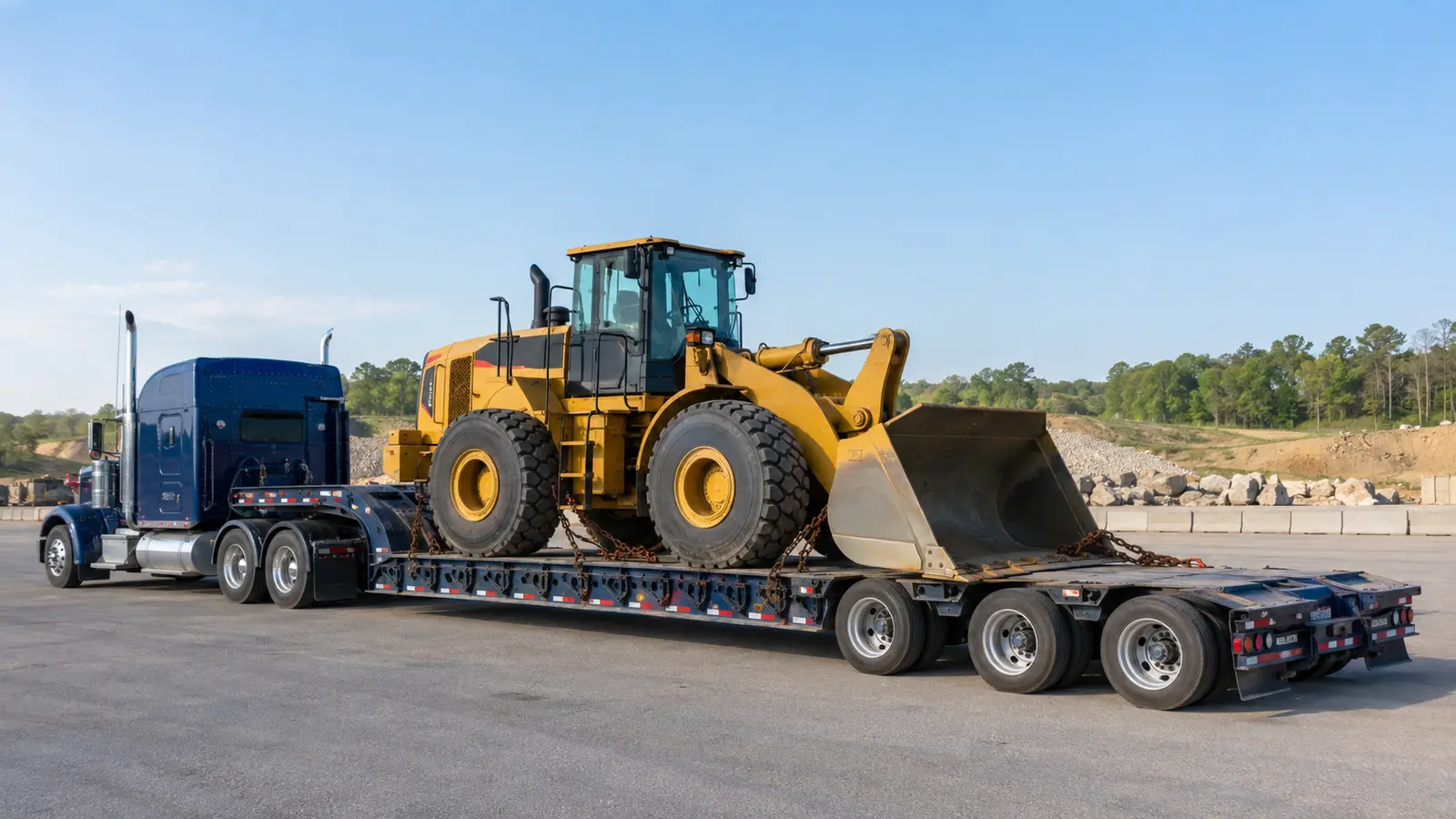 Wheel loader transport on a multi-axle RGN lowboy trailer