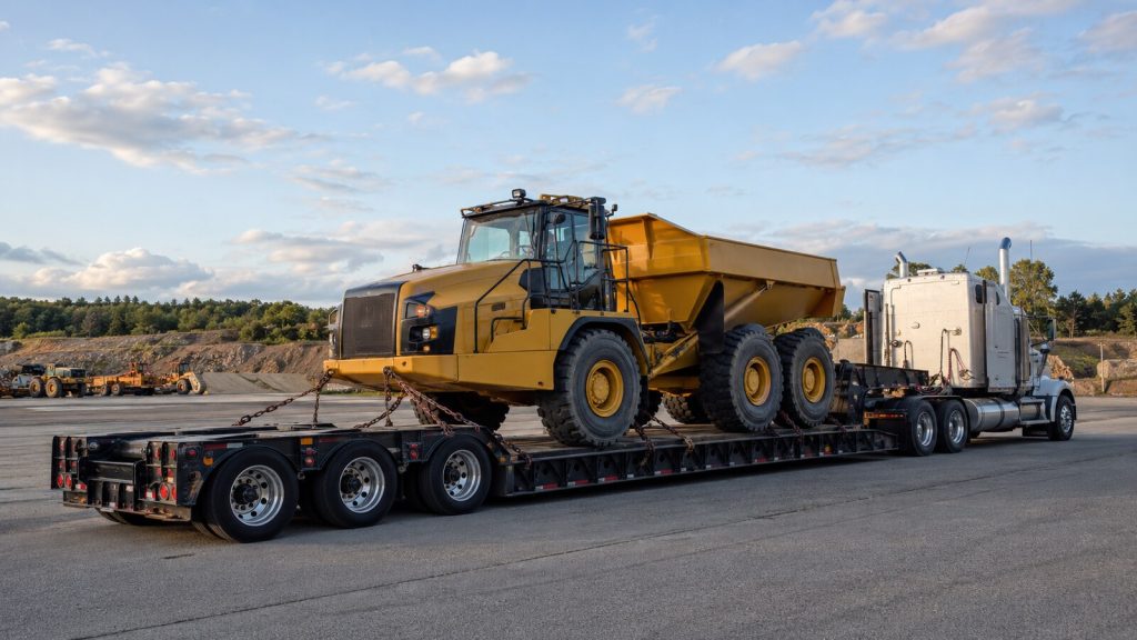 Mid-size articulated dump truck secured on an RGN lowboy trailer