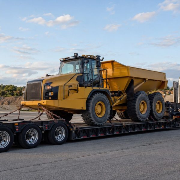 Mid-size articulated dump truck secured on an RGN lowboy trailer