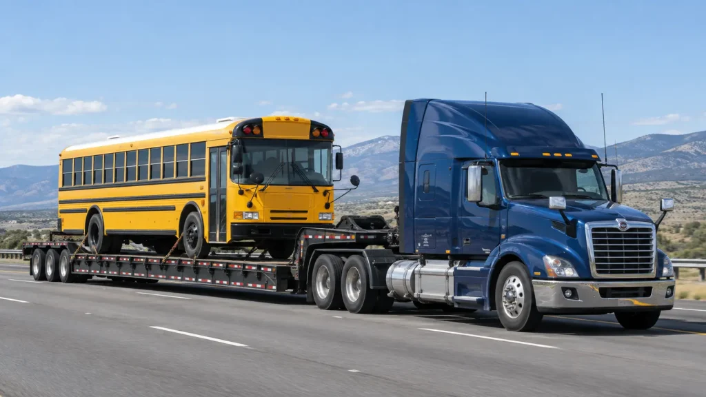 Blue Bird-style yellow school bus secured on a low-profile heavy-haul trailer