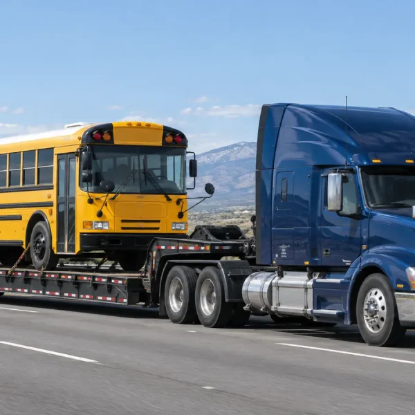 Blue Bird-style yellow school bus secured on a low-profile heavy-haul trailer
