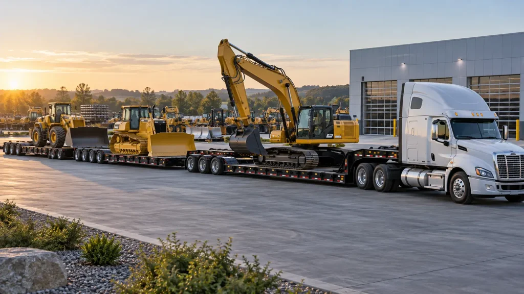 Excavator, bulldozer and wheel loader staged for nationwide construction equipment dealer transport