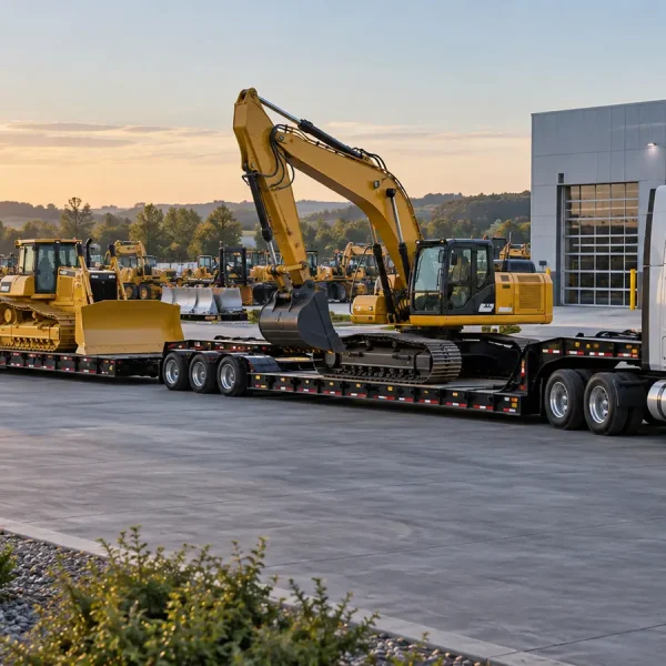 Excavator, bulldozer and wheel loader staged for nationwide construction equipment dealer transport