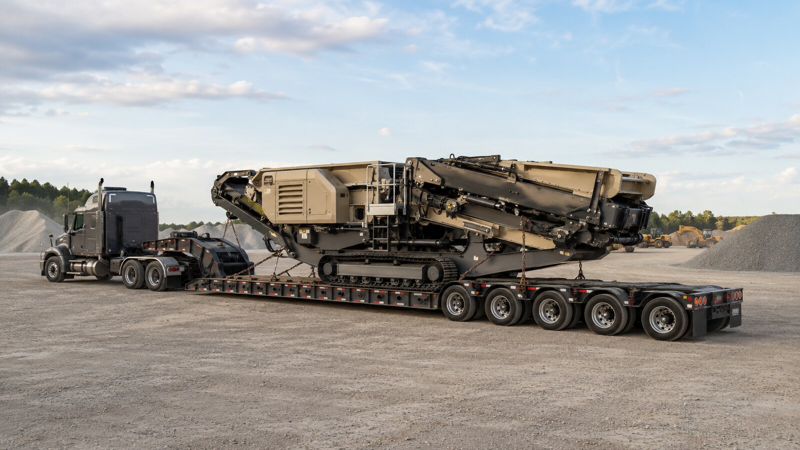 Mobile crusher secured on an RGN trailer for nationwide construction equipment transport