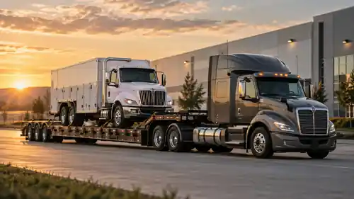 Commercial truck being transported on a step-deck trailer by Elevation Transport Services