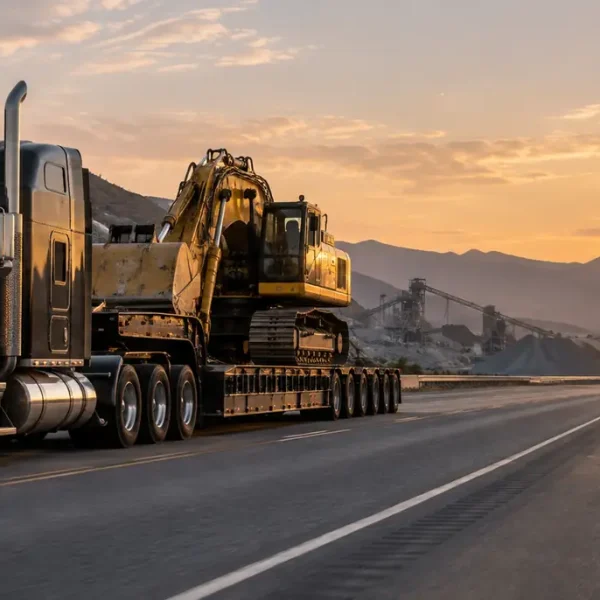 Heavy haul semi transporting an excavator on a lowboy trailer