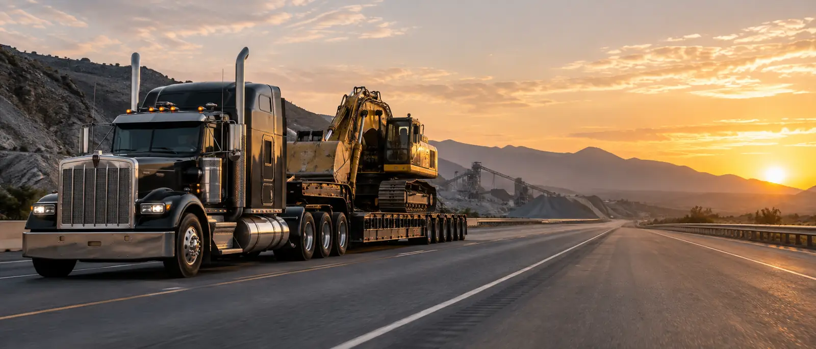 Heavy haul semi transporting an excavator on a lowboy trailer