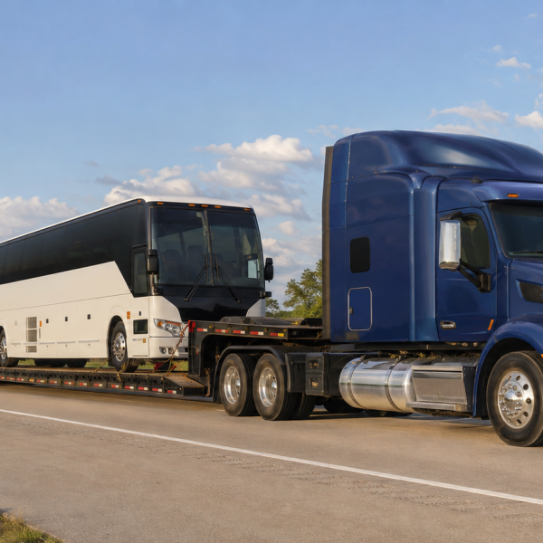 Commercial motorcoach on an RGN lowboy trailer pulled by a blue semi truck