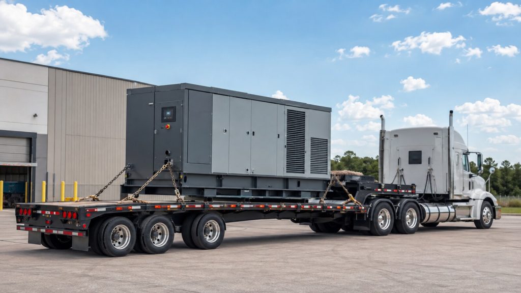 Industrial air compressor transport on a step-deck trailer