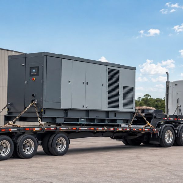 Industrial air compressor transport on a step-deck trailer
