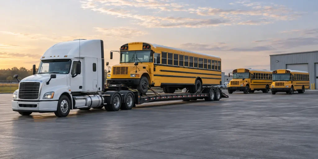 School bus dealer and district fleet transport with a full-size bus secured on a low-profile trailer