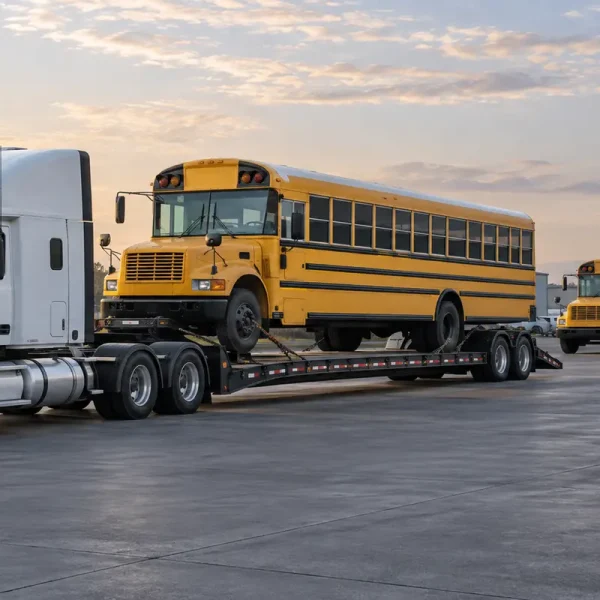 School bus dealer and district fleet transport with a full-size bus secured on a low-profile trailer