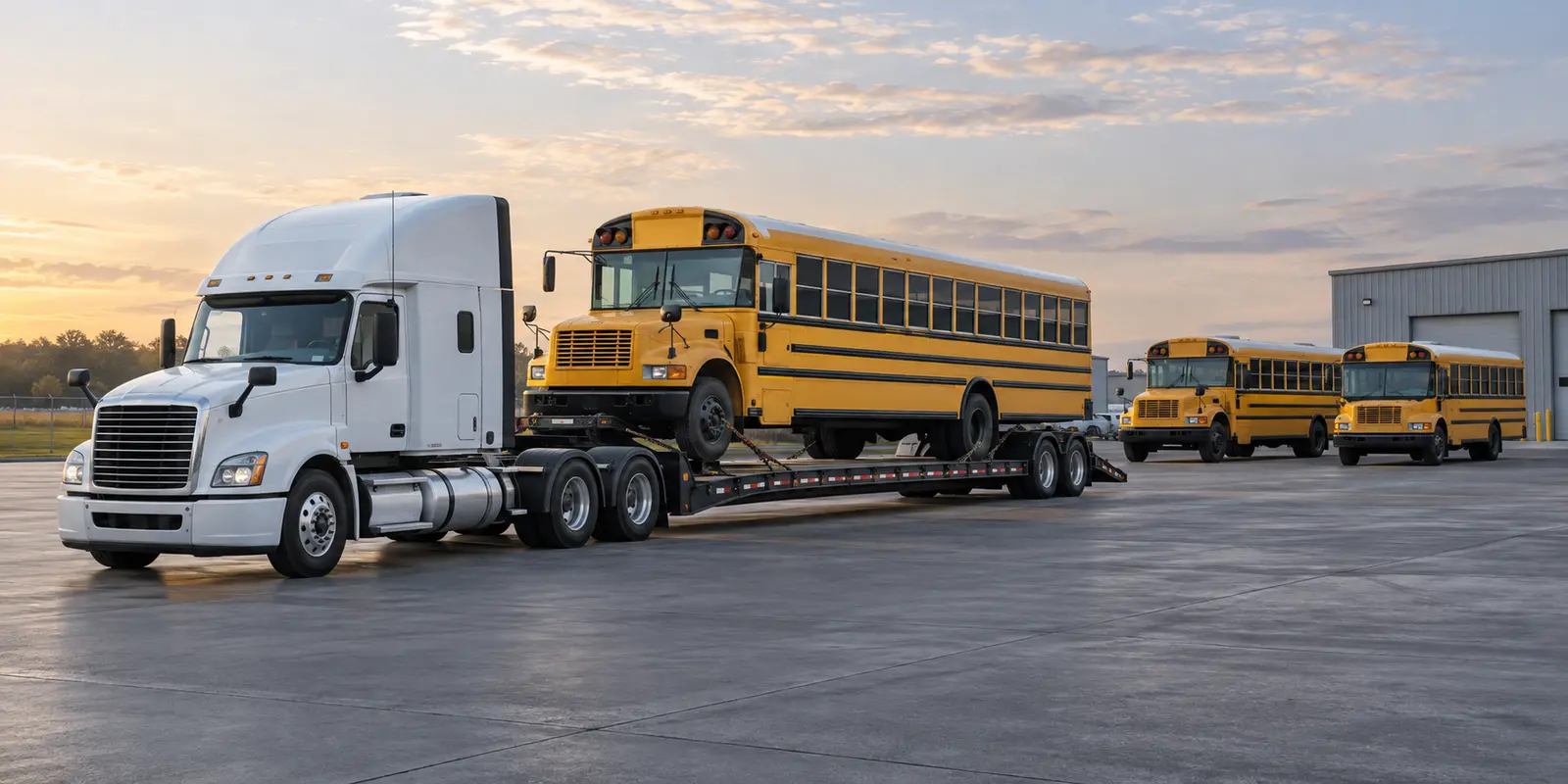 School bus dealer and district fleet transport with a full-size bus secured on a low-profile trailer