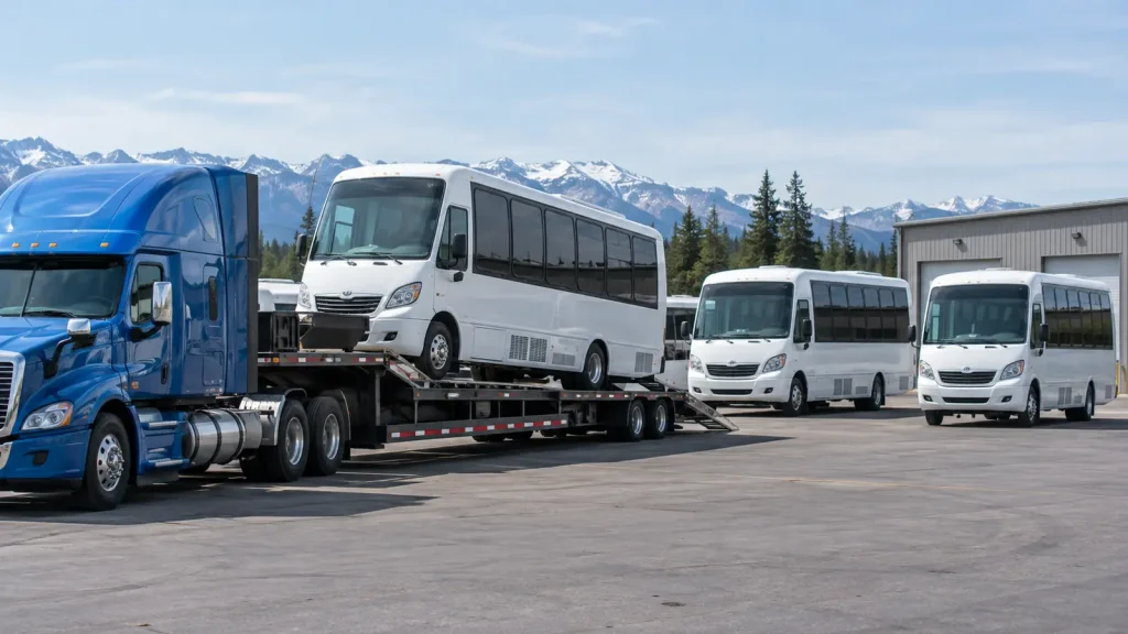 Three commercial shuttle buses staged for fleet transport, with one loaded on a low-profile trailer