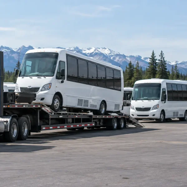 Three commercial shuttle buses staged for fleet transport, with one loaded on a low-profile trailer