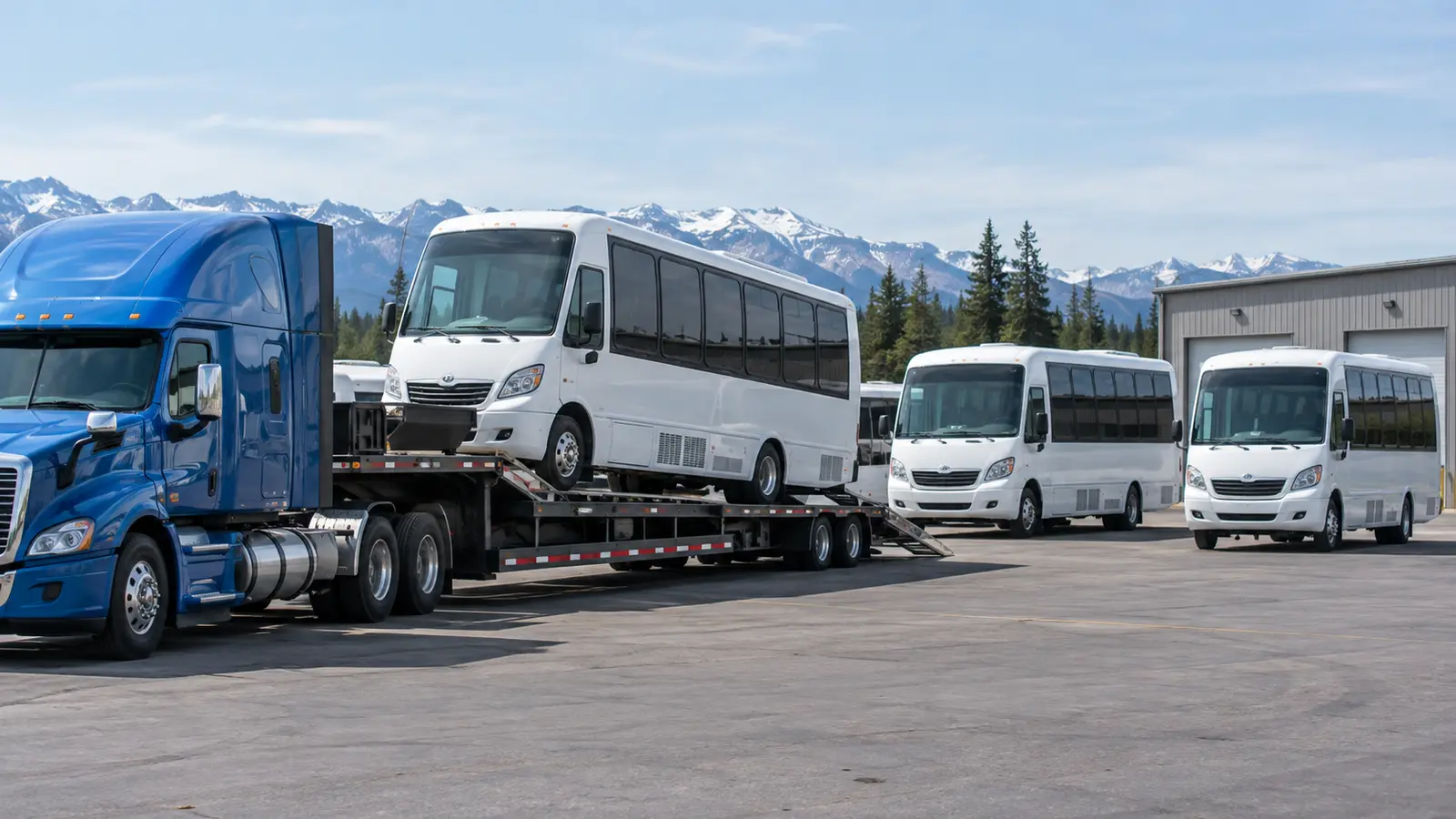 Three commercial shuttle buses staged for fleet transport, with one loaded on a low-profile trailer