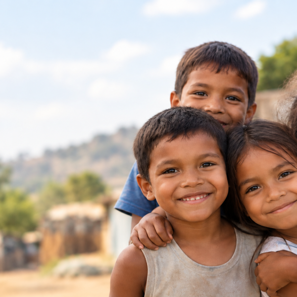 AI-generated illustration of four smiling children in a village
