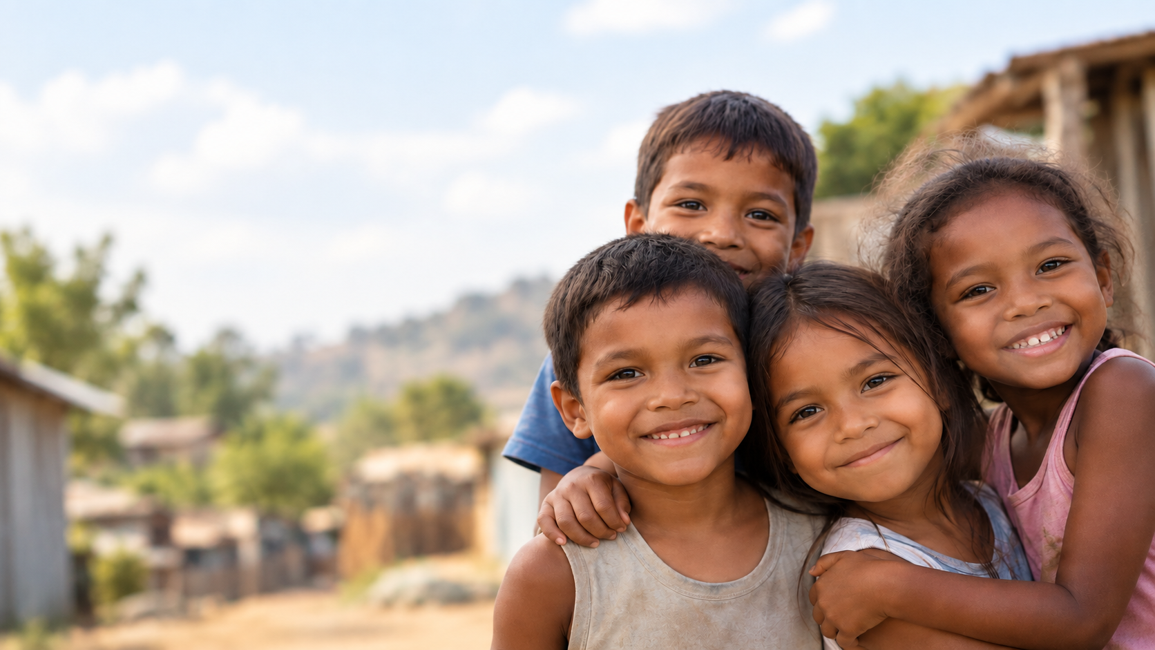 AI-generated illustration of four smiling children in a village