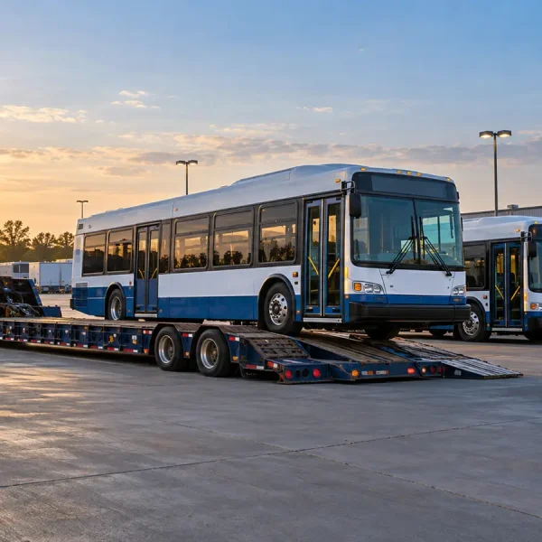 Transit buses staged for fleet transport at a depot