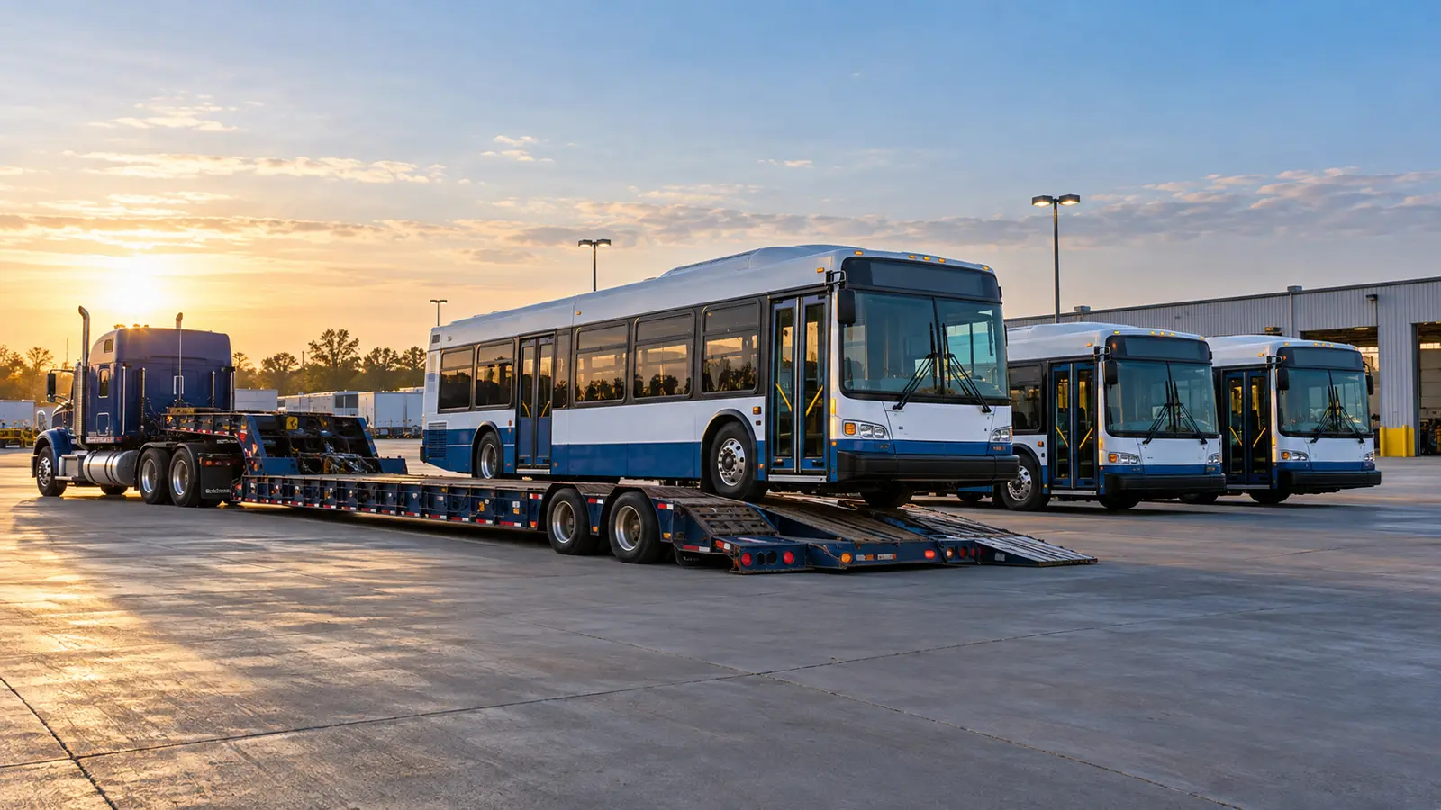 Transit buses staged for fleet transport at a depot