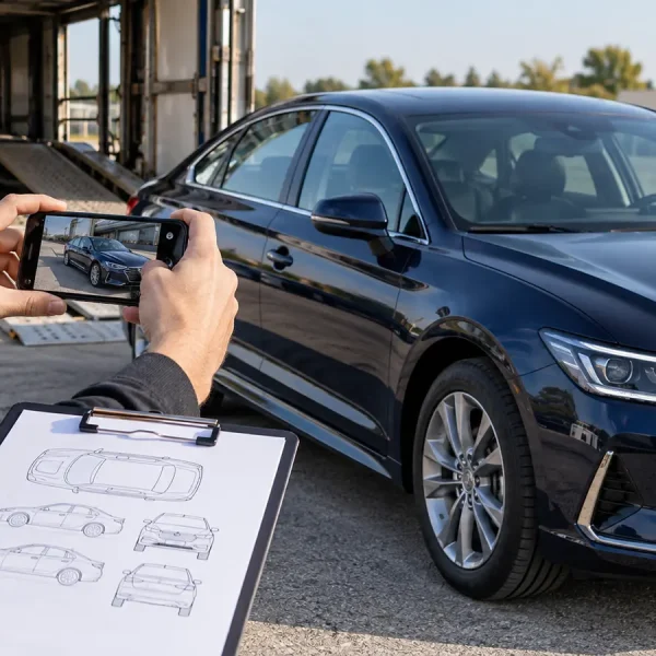Customer documenting a sedan's condition beside an auto carrier before vehicle transport