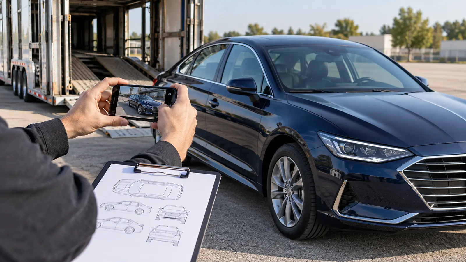 Customer documenting a sedan's condition beside an auto carrier before vehicle transport
