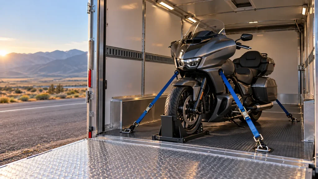 A touring motorcycle secured inside an enclosed transport trailer for cross-country shipping