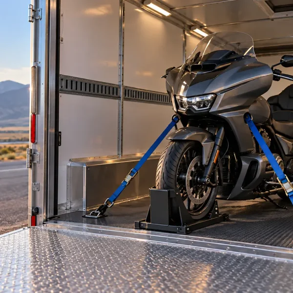 A touring motorcycle secured inside an enclosed transport trailer for cross-country shipping