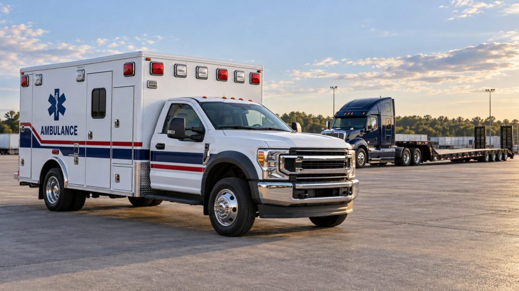 Illustration of a white ambulance parked in a transport yard with a truck and trailer in the background