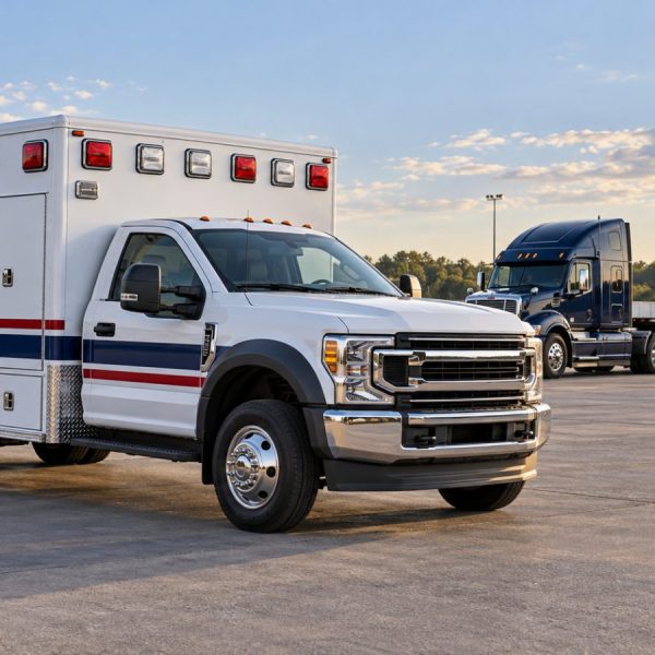 Illustration of a white ambulance parked in a transport yard with a truck and trailer in the background